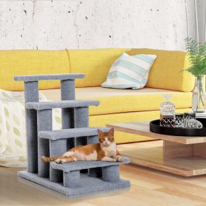 PawHut 25″ 4-Step Multi-Level Carpeted Cat Scratching Post Pet Stairs – Grey