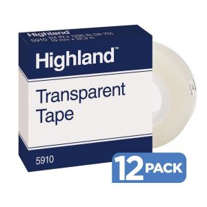 3M Highland 5910 Transparent Tape, 3/4″ x 1,296″, Pack Of 12