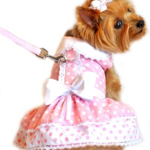 Doggie Design Pink Polka Dot and Lace Spring Dog Harness Dress including matching Leash