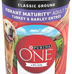 Purina ONE Plus Classic Ground Vibrant Maturity Adult 7 Plus Turkey And Barley Entree Senior Dog Food – (12) 13 oz. Cans Canned Wet Pet Food