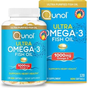 Qunol Omega 3 Fish Oil Mini Softgels, 1000mg Ultra Pure Fish Oil, Heart Health Support, Omega 3 DHA Supplements, Lemon Flavor, 2 Month Supply, 120 Count