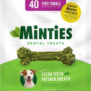 Minties Dental Chews for Dogs, Vet-Recommended Mint-Flavored Dental Treats for Tiny/Small Dogs 5-39 lbs, Dental Bones Clean Teeth, Fight Bad Breath, and Removes Plaque and Tartar, 40 Count