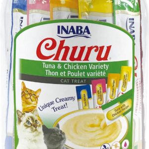 INABA Churu Cat Treats, Grain-Free, Lickable, Squeezable Creamy Purée Cat Treat/Topper with Vitamin E & Taurine, 0.5 Ounces Each Tube, 50 Tubes, Tuna & Chicken Variety